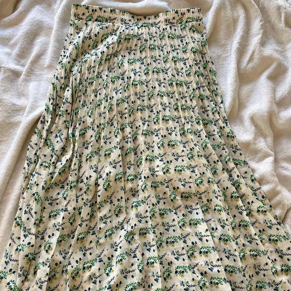 Floral Pattern Cream Pleated Maxi Skirt Elastic Waist